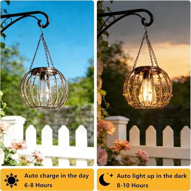 Alt view image 4 of 7 - Hanging Solar Lanterns, Solar Lights Outdoor Waterpoof, Solar Chandelier with Warm White Led Bulb, Beaded Copper Wire Ball Shade Patio Garden Decor Lights for Tree Yard Pathway Wall Eave Pergola-2Pack