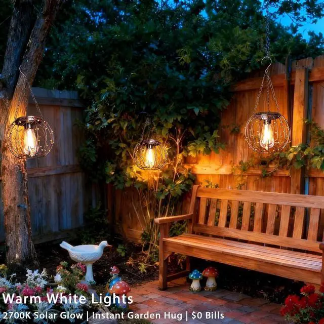 Alt view image 5 of 7 - Hanging Solar Lanterns, Solar Lights Outdoor Waterpoof, Solar Chandelier with Warm White Led Bulb, Beaded Copper Wire Ball Shade Patio Garden Decor Lights for Tree Yard Pathway Wall Eave Pergola-2Pack