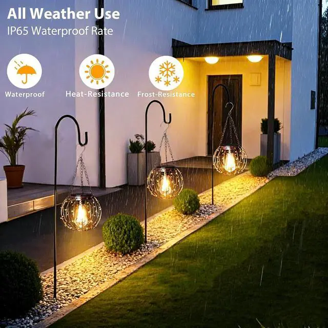 Alt view image 6 of 7 - Hanging Solar Lanterns, Solar Lights Outdoor Waterpoof, Solar Chandelier with Warm White Led Bulb, Beaded Copper Wire Ball Shade Patio Garden Decor Lights for Tree Yard Pathway Wall Eave Pergola-2Pack