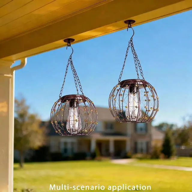 Alt view image 7 of 7 - Hanging Solar Lanterns, Solar Lights Outdoor Waterpoof, Solar Chandelier with Warm White Led Bulb, Beaded Copper Wire Ball Shade Patio Garden Decor Lights for Tree Yard Pathway Wall Eave Pergola-2Pack