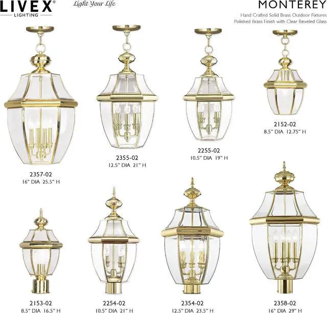 Alt view image 5 of 7 - Livex Lighting Lantern 2354-02 Monterey 3 Light Outdoor Polished Brass Finish Solid Brass Post Head with Clear Beveled Glass, 17" x 9" x 11"