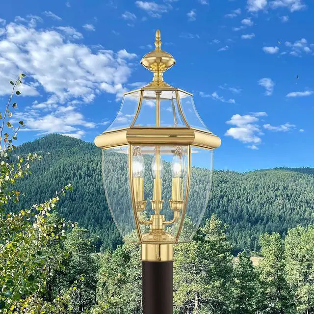Alt view image 7 of 7 - Livex Lighting Lantern 2354-02 Monterey 3 Light Outdoor Polished Brass Finish Solid Brass Post Head with Clear Beveled Glass, 17" x 9" x 11"