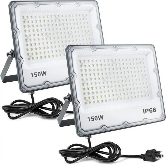 Main image of 150W LED Flood Lights Plug in, Outdoor Security Lights Fixtures 6500K 15000LM Illumination, IP66 Waterproof White Lighting for Ball Ground, Parking Lot, Pathway, Yard (2 Pack)