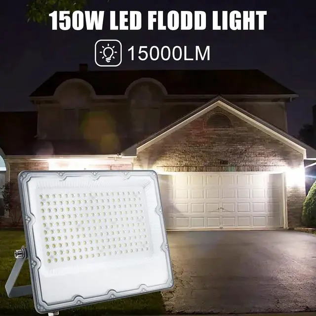 Alt view image 2 of 6 - 150W LED Flood Lights Plug in, Outdoor Security Lights Fixtures 6500K 15000LM Illumination, IP66 Waterproof White Lighting for Ball Ground, Parking Lot, Pathway, Yard (2 Pack)