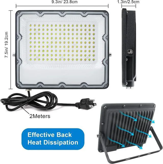 Alt view image 4 of 6 - 150W LED Flood Lights Plug in, Outdoor Security Lights Fixtures 6500K 15000LM Illumination, IP66 Waterproof White Lighting for Ball Ground, Parking Lot, Pathway, Yard (2 Pack)