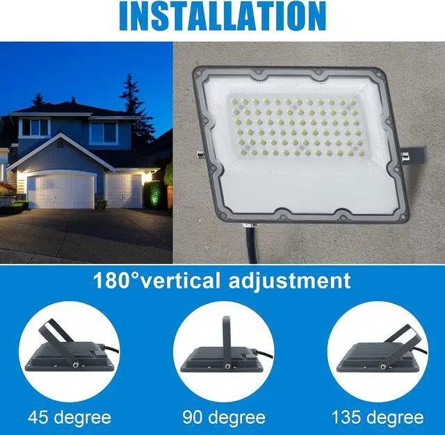 Alt view image 5 of 6 - 150W LED Flood Lights Plug in, Outdoor Security Lights Fixtures 6500K 15000LM Illumination, IP66 Waterproof White Lighting for Ball Ground, Parking Lot, Pathway, Yard (2 Pack)