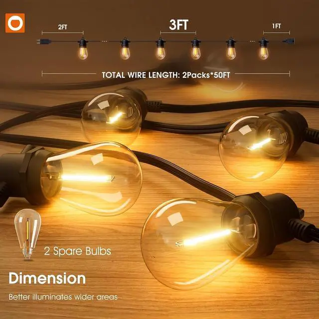 Alt view image 5 of 7 - addlon 100FT Outdoor String Lights LED Waterproof Patio Lights with 32 Edison Dimmable Bulbs Shatterproof Hanging Lights for Outside Cafe Bistro Garden Balcony Porch Yard Gazebo Deck 2Packs*50FT