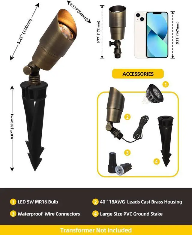 Alt view image 4 of 7 - COLOER Die-cast Brass Low Voltage Spotlight 1-Pack with 5W Aluminum Housing MR16 LED Bulb 2700K 450LM CRI85+,12V AC/DC Outdoor Landscape Lighting, Directional Garden Patio Spot Up Light(101B)