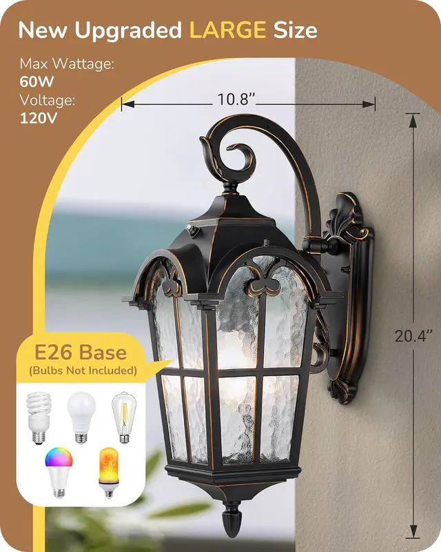 Alt view image 3 of 7 - EDISHINE Dusk to Dawn Outdoor Wall Lights, 20.4" Large Size Exterior Lantern Fixture, Porch Lights Wall Mount, Roman Wall Lamp, Waterproof Outside Wall Sconce for Front Door Garage, Black