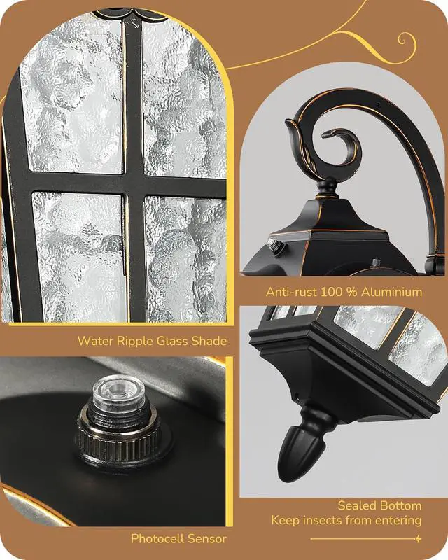 Alt view image 5 of 7 - EDISHINE Dusk to Dawn Outdoor Wall Lights, 20.4" Large Size Exterior Lantern Fixture, Porch Lights Wall Mount, Roman Wall Lamp, Waterproof Outside Wall Sconce for Front Door Garage, Black