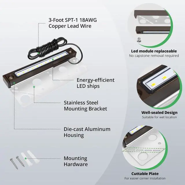 Alt view image 5 of 7 - GKOLED 8-Pack Replaceable 6.8" LED Hardscape Lights, Low Voltage Retaining Wall Lights, Paver Wall Hardscape Lighting, Outdoor Landscape Step Lights, 12VAC/DC 1.5W 2700K, Die-cast Aluminum Housing