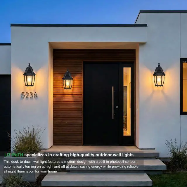 Alt view image 7 of 7 - LIT-PaTH Dusk to Dawn Outdoor Wall Lantern, Wall Sconce as Porch Lighting Fixture with E26 Medium Base Max 60W, Aluminum Housing with Glass Shade, Matte Black Finish