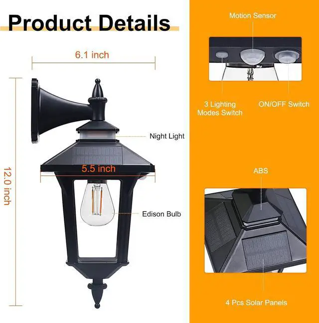 Alt view image 6 of 7 - Solar Wall Lights Outdoor : Dusk to Dawn Solar Porch Ligh,3 Modes & Motion Sensor Waterproof Wall Sconce Lantern Lamp for Patio Garage Garden Barn Yard House, 2 Types of Wall Mount, 2 Pack