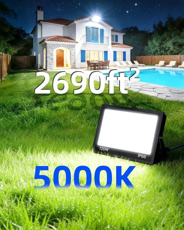 Alt view image 2 of 7 - 120W LED Flood Light Outdoor with Plug, 14400Lm Super Brighter Security Lights with Wire, IP66 Waterproof LED Work Light, 5000K Daylight White Exterior Floodlights for Yard Garage Stadium(2 Pack)