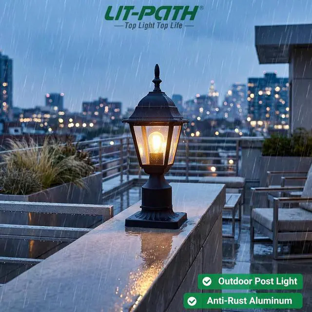 Alt view image 6 of 7 - LIT-PaTH Outdoor Post Lighting Fixture Pole Lantern, E26 Medium Base Max 60W, Aluminum Housing Plus Clear Glass, Bulb Not Included, Matte Black Finish, 1-Pack