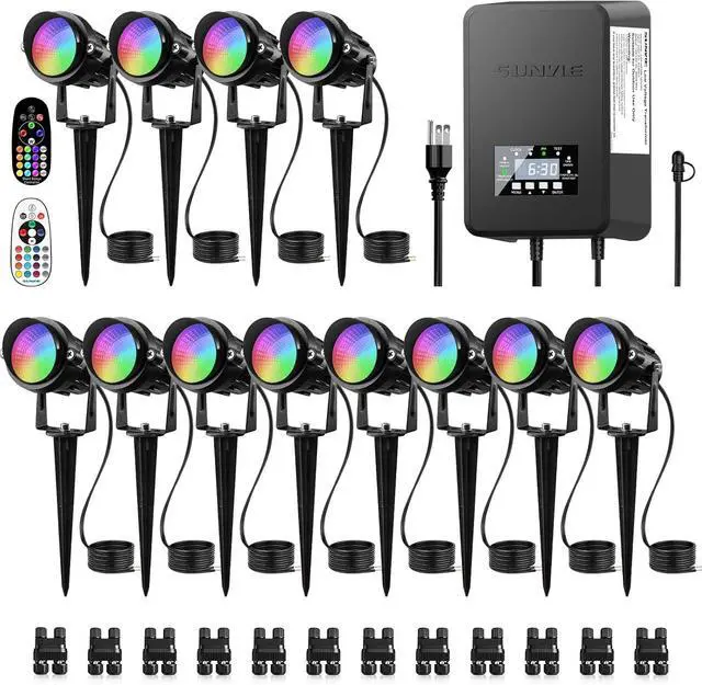 Main image of SUNVIE 12 Pack RGBW Color Changing Landscape Lights with 300W Low Voltage Landscape Transformer 12-24V LED Landscape Lighting Kit Waterproof Multicolor Spotlights for Christmas House Yard Tree Garden