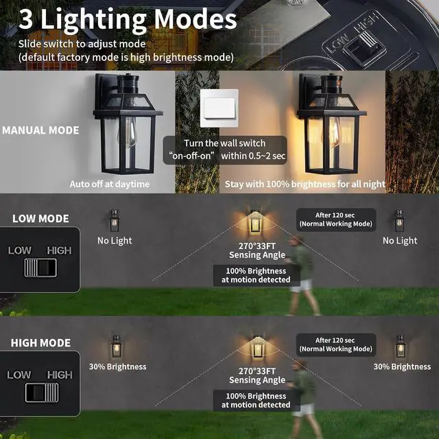 Alt view image 3 of 7 - Yisuro Motion Sensor Outdoor Wall Lights, Porch Light Outdoor 3 Lighting Modes, Dusk to Dawn Exterior Light Fixture, Waterproof, Outside Lights for House Front Door Patio Garage 1 Pack (Black)