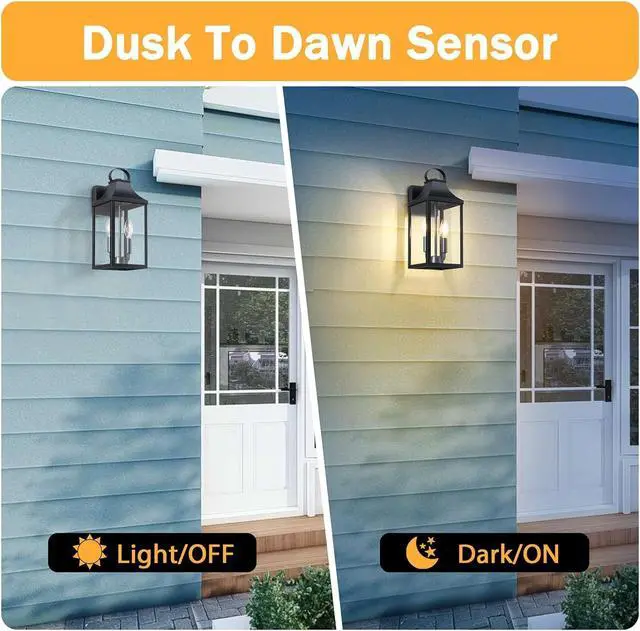Alt view image 3 of 7 - 15" Dusk to Dawn Black Outdoor Wall Lantern 2-Light, Outside Modern Wall Sconce Light Fixture, Industrial Porch Light with E12 Sockets, Waterproof Exterior Lamp Lighting, Black