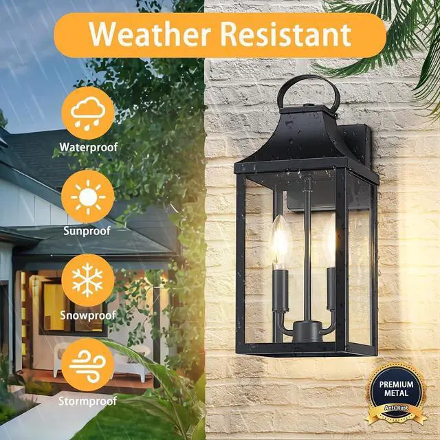 Alt view image 4 of 7 - 15" Dusk to Dawn Black Outdoor Wall Lantern 2-Light, Outside Modern Wall Sconce Light Fixture, Industrial Porch Light with E12 Sockets, Waterproof Exterior Lamp Lighting, Black