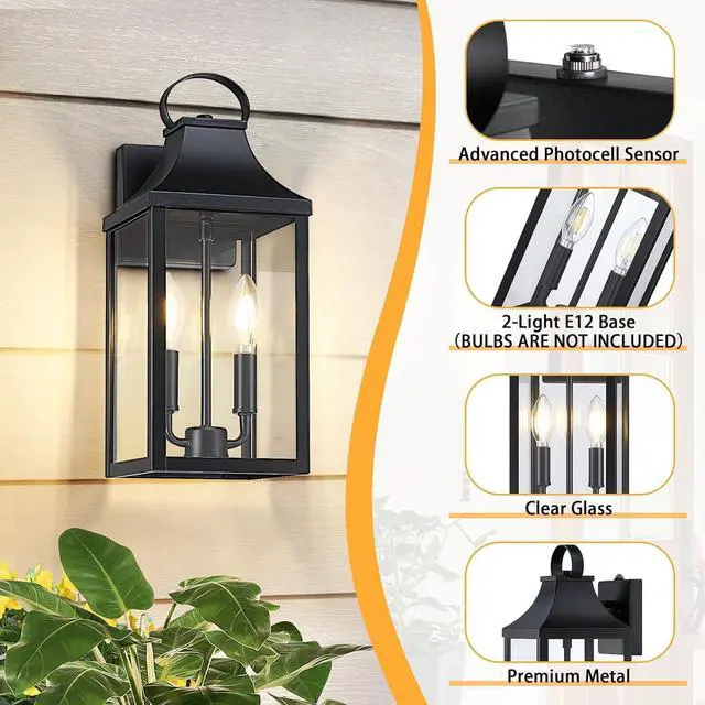 Alt view image 5 of 7 - 15" Dusk to Dawn Black Outdoor Wall Lantern 2-Light, Outside Modern Wall Sconce Light Fixture, Industrial Porch Light with E12 Sockets, Waterproof Exterior Lamp Lighting, Black