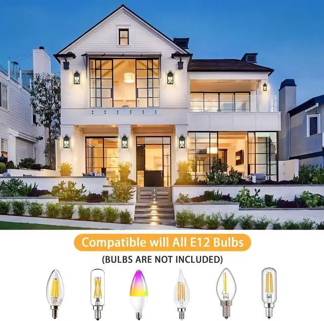 Alt view image 6 of 7 - 15" Dusk to Dawn Black Outdoor Wall Lantern 2-Light, Outside Modern Wall Sconce Light Fixture, Industrial Porch Light with E12 Sockets, Waterproof Exterior Lamp Lighting, Black