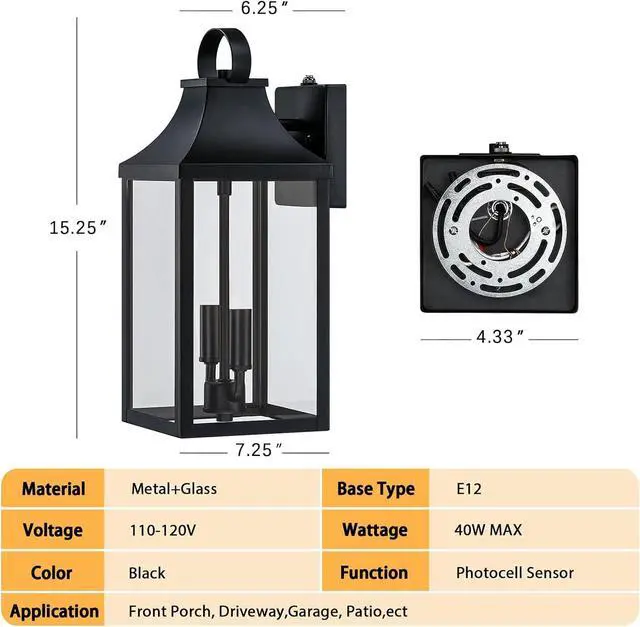 Alt view image 7 of 7 - 15" Dusk to Dawn Black Outdoor Wall Lantern 2-Light, Outside Modern Wall Sconce Light Fixture, Industrial Porch Light with E12 Sockets, Waterproof Exterior Lamp Lighting, Black