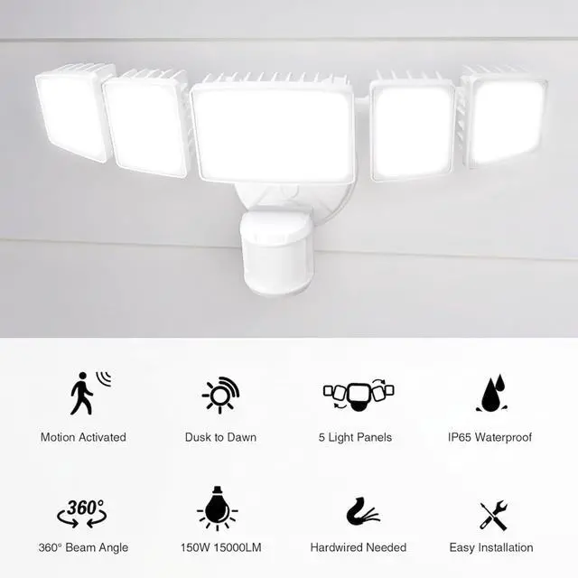 Alt view image 2 of 7 - Onforu 150W 15000LM LED Security Lights Motion Sensor Outdoor, Dusk to Dawn Flood Lighting, 5 Heads 360° Wide Angle Illumination, 6500K IP65 Waterproof Hardwired Floodlight Motion Detection (White)