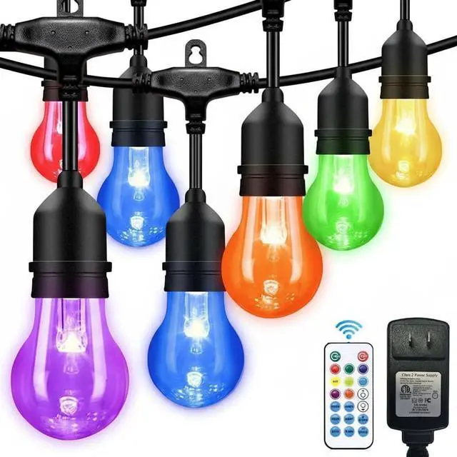 Main image of 96FT Solar Outdoor String Lights, 30 Shatterproof Edison Bulbs, Dimmable Color Changing RGB LED Patio Lights with 2 Remote Controllers. Perfect for Backyard Decorative Lighting