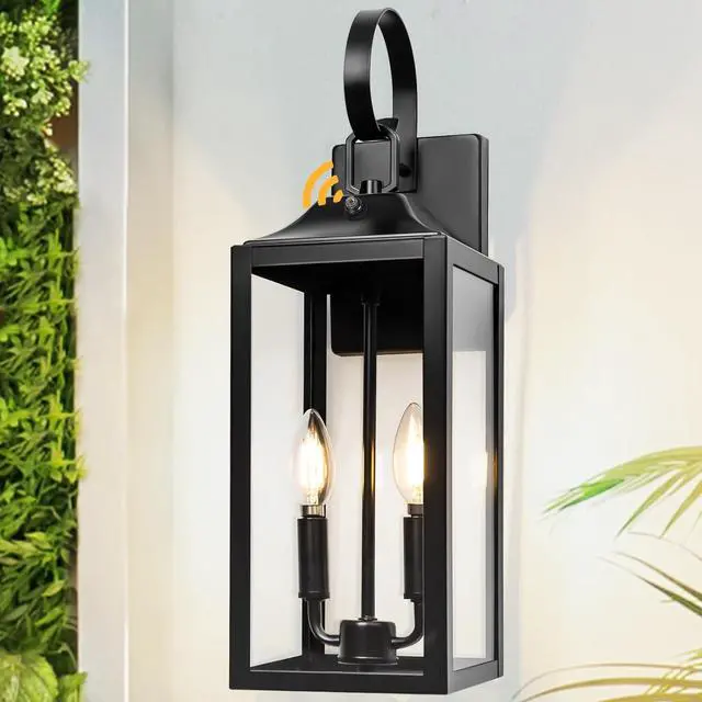 Main image of Black Dusk to Dawn Outdoor Wall Lantern 2-Light, 19" Large Outside Modern Porch Sconce Light Fixture, Industrial Porch Light Wall Mount with Glass, Waterproof Farmhouse Exterior Lamp Lighting