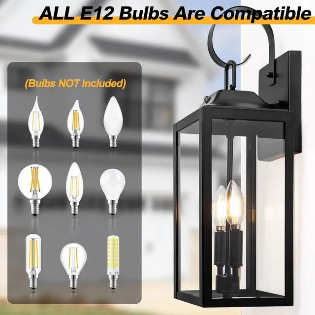 Alt view image 6 of 7 - Black Dusk to Dawn Outdoor Wall Lantern 2-Light, 19" Large Outside Modern Porch Sconce Light Fixture, Industrial Porch Light Wall Mount with Glass, Waterproof Farmhouse Exterior Lamp Lighting