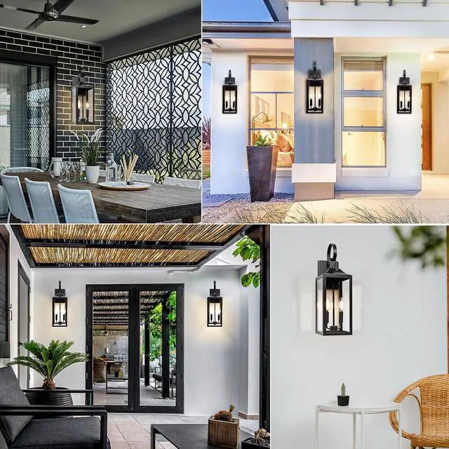 Alt view image 7 of 7 - Black Dusk to Dawn Outdoor Wall Lantern 2-Light, 19" Large Outside Modern Porch Sconce Light Fixture, Industrial Porch Light Wall Mount with Glass, Waterproof Farmhouse Exterior Lamp Lighting