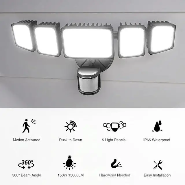 Alt view image 2 of 7 - Onforu 150W 15000LM LED Security Lights Motion Sensor Outdoor, Dusk to Dawn Flood Lighting, 5 Heads 360° Wide Angle Illumination, 6500K IP65 Waterproof Hardwired Floodlight Motion Detection (Black)
