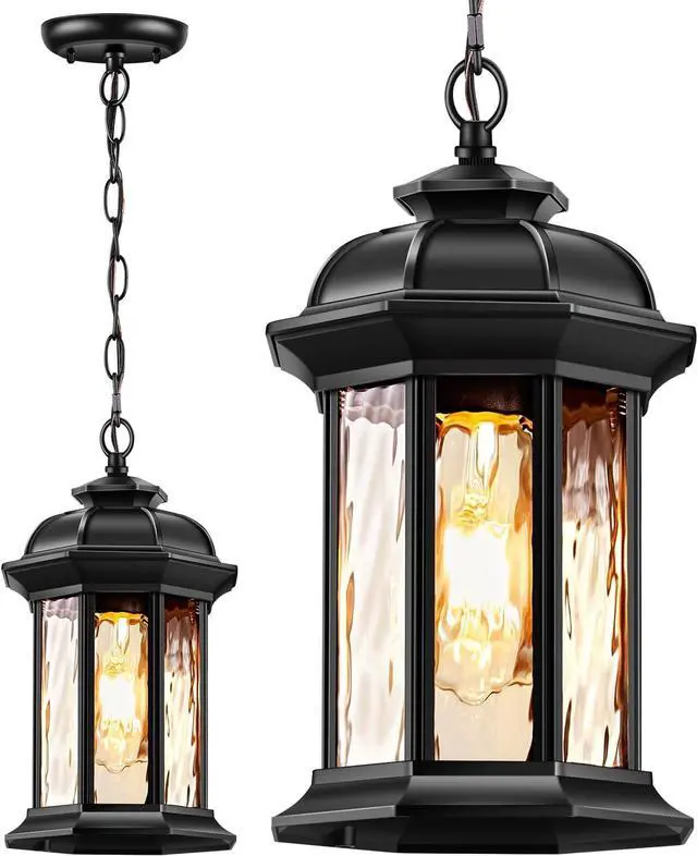 Main image of VIANIS Outdoor Pendant Lights for Porch Lantern, Black Exterior Hanging Lights Fixtures with Adjustable Chain, Modern Outside Hanging Lighting with Water Glass for Front Porch, Yard, Gazebo