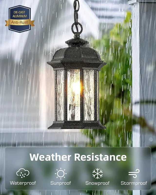 Alt view image 3 of 7 - VIANIS Outdoor Pendant Lights for Porch Lantern, Black Exterior Hanging Lights Fixtures with Adjustable Chain, Modern Outside Hanging Lighting with Water Glass for Front Porch, Yard, Gazebo