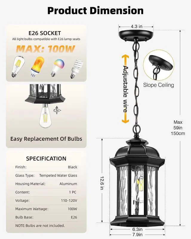 Alt view image 5 of 7 - VIANIS Outdoor Pendant Lights for Porch Lantern, Black Exterior Hanging Lights Fixtures with Adjustable Chain, Modern Outside Hanging Lighting with Water Glass for Front Porch, Yard, Gazebo