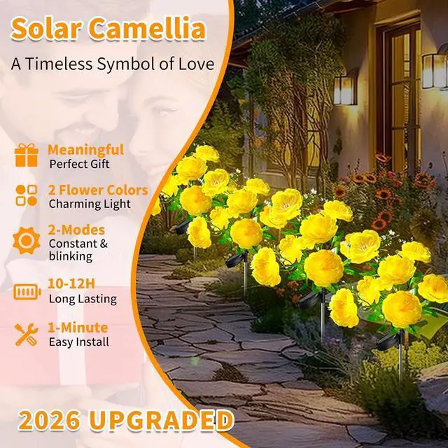 Alt view image 2 of 6 - Neporal Solar Flowers Outdoor Waterproof, 4PK 7-Stem Yellow Camellia with 2 Lighting Modes & Romantic Warm Light, Solar Lights Outdoor Decorative for Garden, Yard, Pathway, Gardening Gifts for Women