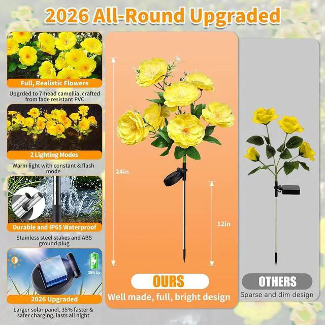 Alt view image 3 of 6 - Neporal Solar Flowers Outdoor Waterproof, 4PK 7-Stem Yellow Camellia with 2 Lighting Modes & Romantic Warm Light, Solar Lights Outdoor Decorative for Garden, Yard, Pathway, Gardening Gifts for Women