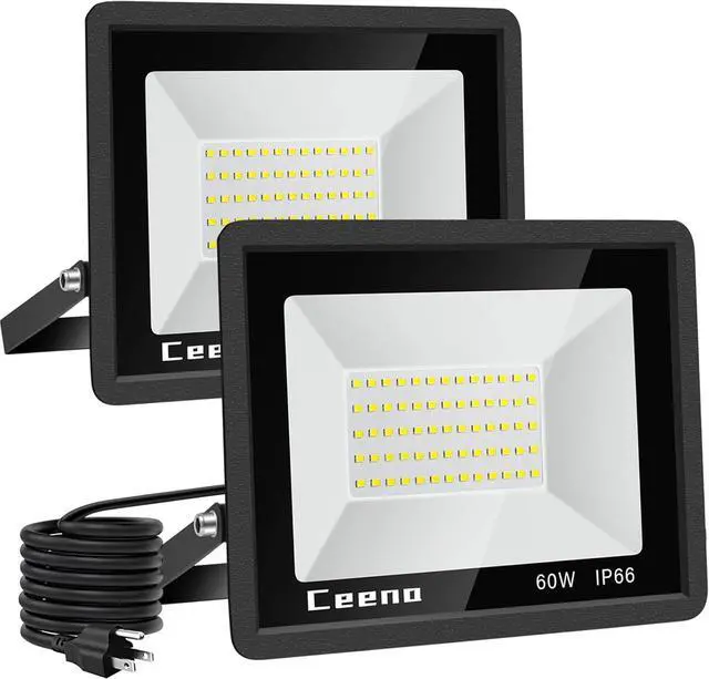 Main image of Ceena 2 Pack 60W Plug in LED Flood Light Outdoor, 6000lm Super Bright Floodlight with Switch and 5.9FT Wire, IP66 Waterproof 6000K LED Work Light for Garage, Yard, Patio, Front Door