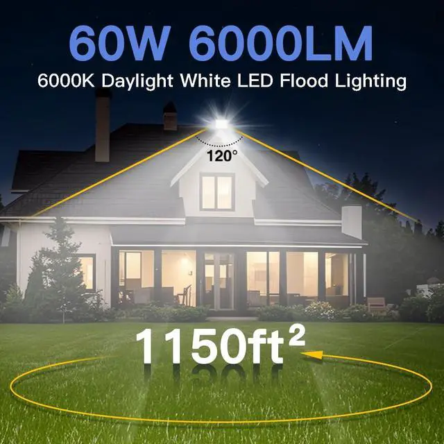 Alt view image 3 of 7 - Ceena 2 Pack 60W Plug in LED Flood Light Outdoor, 6000lm Super Bright Floodlight with Switch and 5.9FT Wire, IP66 Waterproof 6000K LED Work Light for Garage, Yard, Patio, Front Door