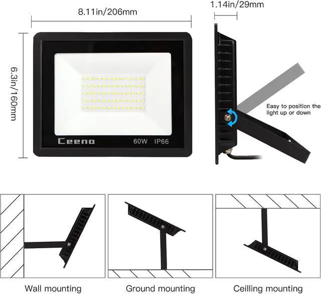 Alt view image 6 of 7 - Ceena 2 Pack 60W Plug in LED Flood Light Outdoor, 6000lm Super Bright Floodlight with Switch and 5.9FT Wire, IP66 Waterproof 6000K LED Work Light for Garage, Yard, Patio, Front Door