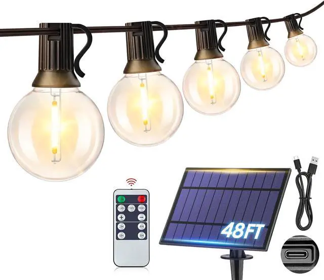Main image of Mlambert 48FT Solar Powered String Lights, Outdoor Waterproof Patio Light with 15+1 Shatterproof LED G40 Bulbs, String Light for Backyard Balcony-Black
