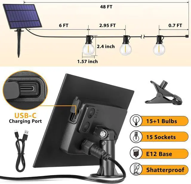 Alt view image 3 of 7 - Mlambert 48FT Solar Powered String Lights, Outdoor Waterproof Patio Light with 15+1 Shatterproof LED G40 Bulbs, String Light for Backyard Balcony-Black
