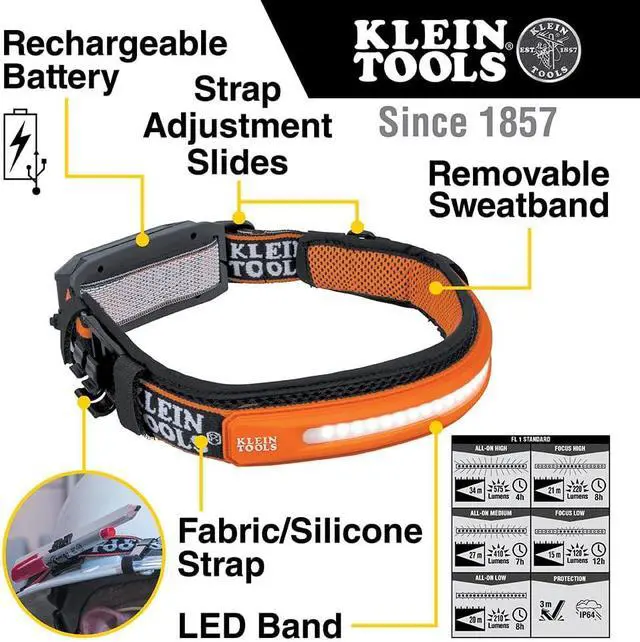 Alt view image 2 of 7 - Klein Tools 56308 Rechargeable Headlamp with Strap, 575 Lumens, Wide-Beam LED, All-On or Direct Focus Modes, for Work and Outdoors