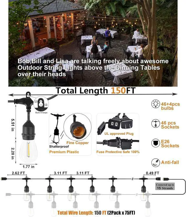 Alt view image 2 of 6 - Achin Outdoor String Lights 150 Feet LED Waterproof Patio Lights with 50 Shatterproof Dimmable Warm Edison Bulbs String Lights for Outdoor Gazebo Bistro Wedding Birthday Party Lights, Connectable