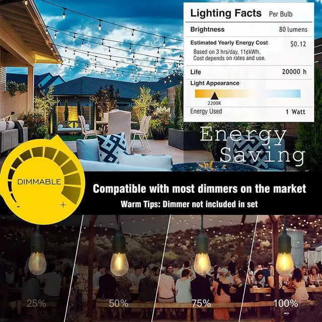 Alt view image 5 of 6 - Achin Outdoor String Lights 150 Feet LED Waterproof Patio Lights with 50 Shatterproof Dimmable Warm Edison Bulbs String Lights for Outdoor Gazebo Bistro Wedding Birthday Party Lights, Connectable