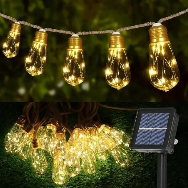 Main image of Solar String Lights, Solar Outdoor String Lights, 24FT Solar Powered Patio Lights with 20 Shatterproof Bulbs, Waterproof Vintage Rope Hemp & 8 Modes for Garden Fence Balcony Camping (Warm White)
