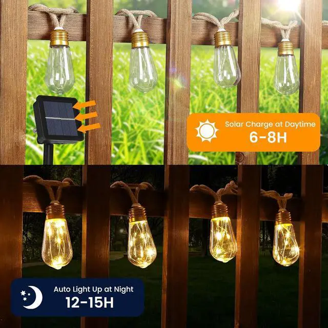 Alt view image 2 of 7 - Solar String Lights, Solar Outdoor String Lights, 24FT Solar Powered Patio Lights with 20 Shatterproof Bulbs, Waterproof Vintage Rope Hemp & 8 Modes for Garden Fence Balcony Camping (Warm White)