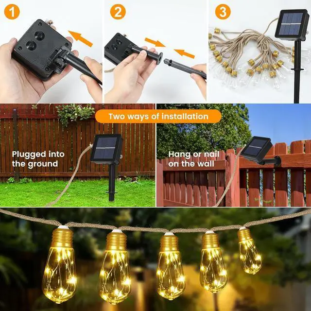 Alt view image 4 of 7 - Solar String Lights, Solar Outdoor String Lights, 24FT Solar Powered Patio Lights with 20 Shatterproof Bulbs, Waterproof Vintage Rope Hemp & 8 Modes for Garden Fence Balcony Camping (Warm White)