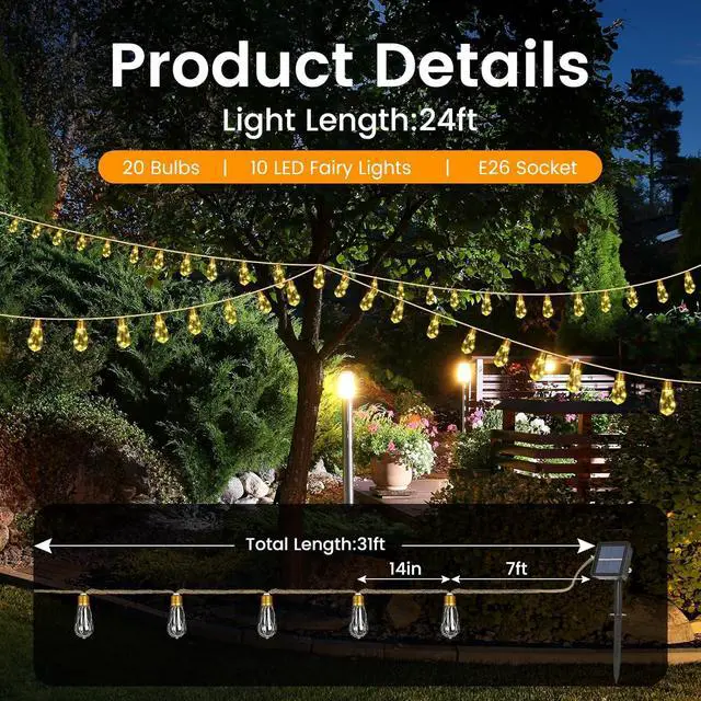Alt view image 5 of 7 - Solar String Lights, Solar Outdoor String Lights, 24FT Solar Powered Patio Lights with 20 Shatterproof Bulbs, Waterproof Vintage Rope Hemp & 8 Modes for Garden Fence Balcony Camping (Warm White)