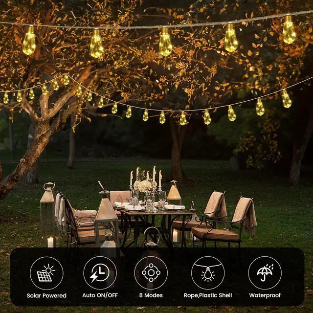 Alt view image 6 of 7 - Solar String Lights, Solar Outdoor String Lights, 24FT Solar Powered Patio Lights with 20 Shatterproof Bulbs, Waterproof Vintage Rope Hemp & 8 Modes for Garden Fence Balcony Camping (Warm White)